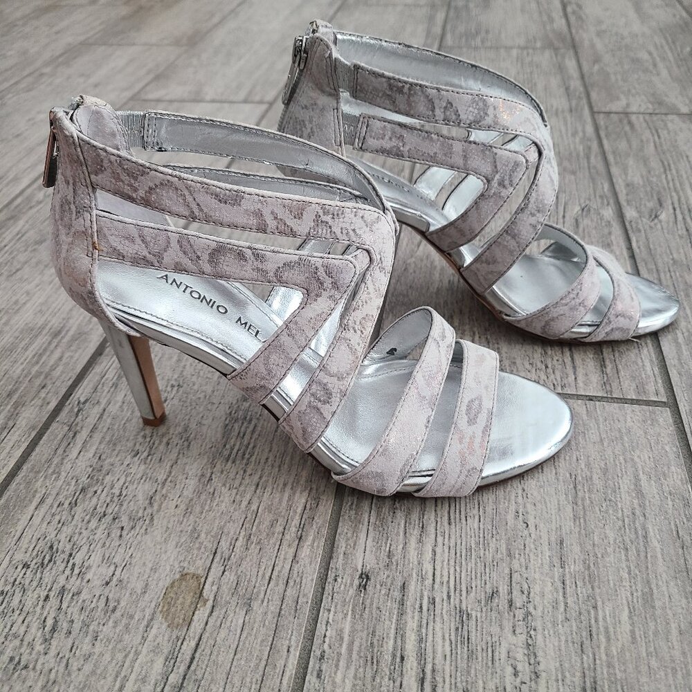 Antonio Melani Strappy Stiletto Heels Silver Blush Snake Print Size 7M Women's